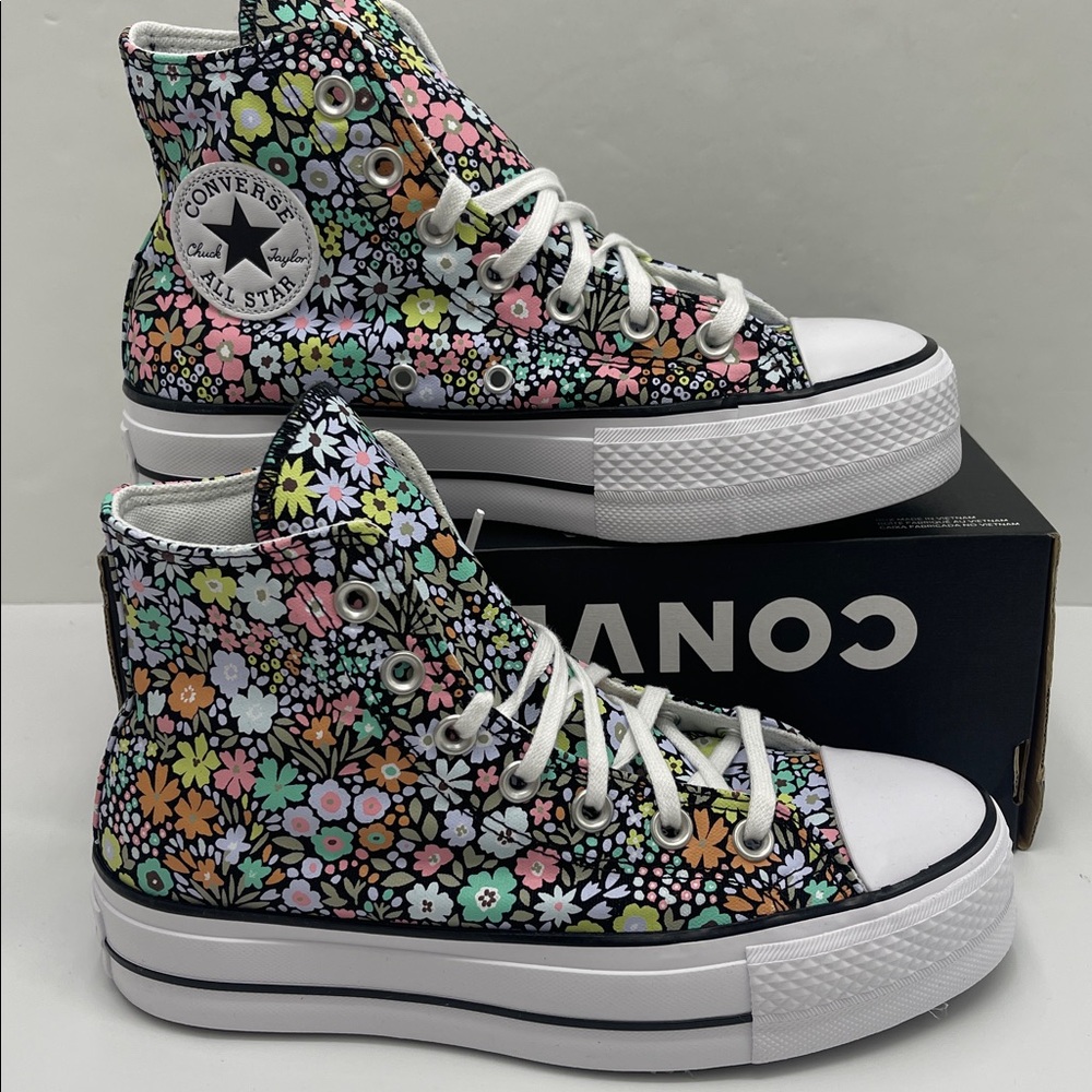 Converse Floral Platform High Top Sneakers - Black with Pastel Flowers